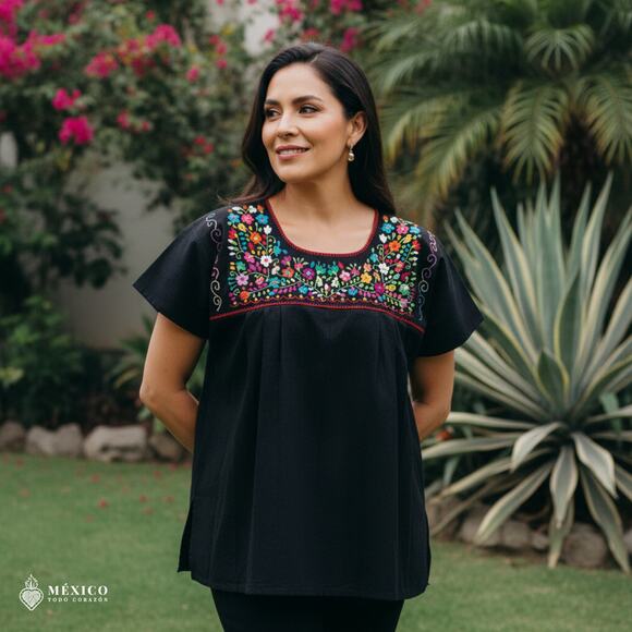 Mexico Todo Corazon Tops - Mexican Embroidered Blouse – Handmade Otomi Floral & Animals Design